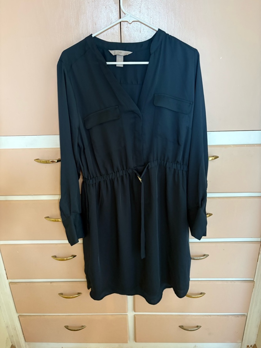 H&M Black Long Sleeve Drawstring Waist Shirt Dress